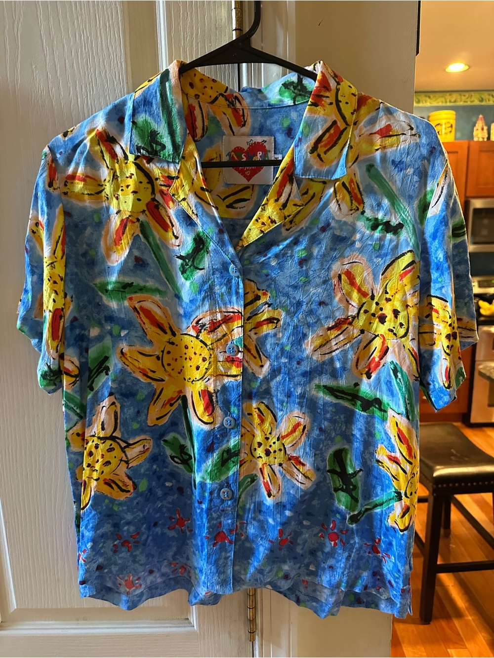 Jams World Blue Floral Button-Down Shirt with Yellow Flowers
